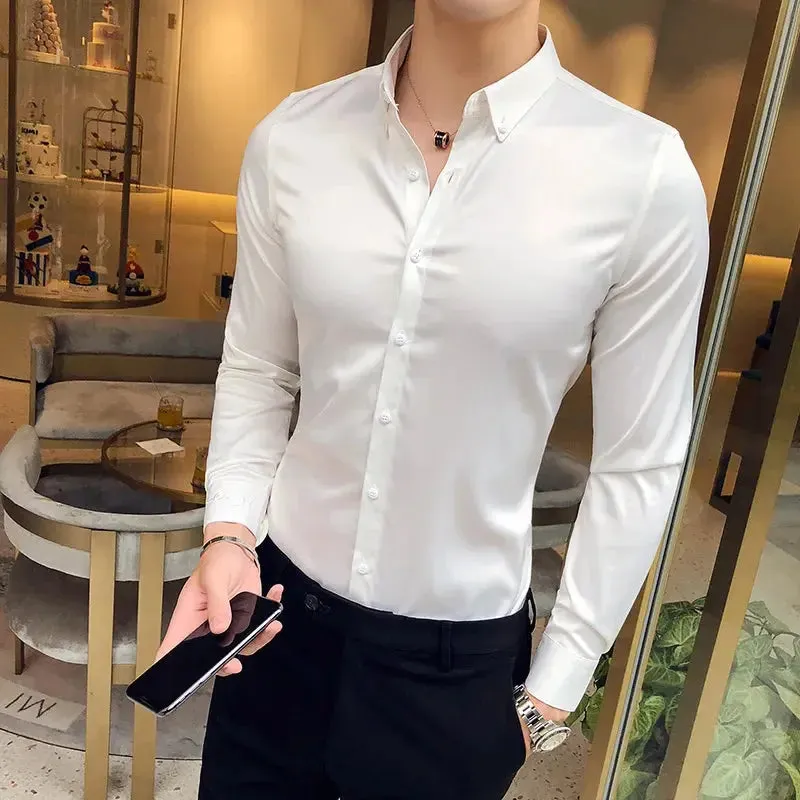 2024 Men's Shirt Neckline Embroidery Long Sleeve Casual Slim Men's Dress Shirt Solid Color Formal Business Social Clothing Top