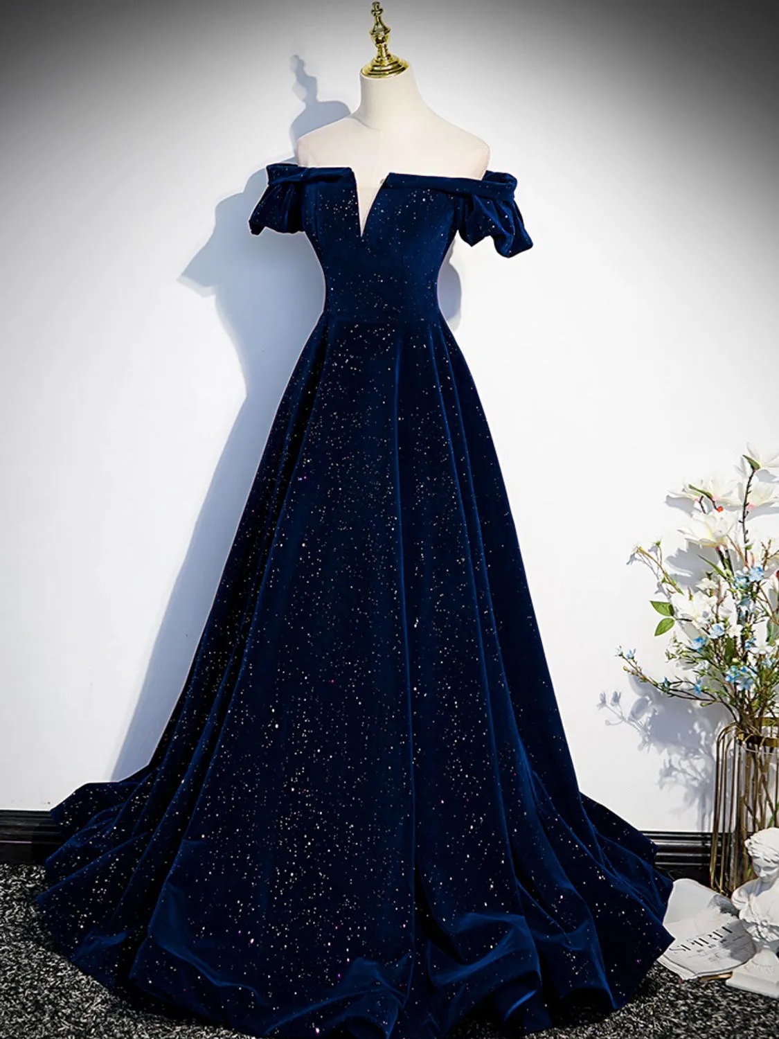 A-Line Off Shoulder Velvet Dark Blue Long Prom Dress, Dark Blue Long Formal Dress