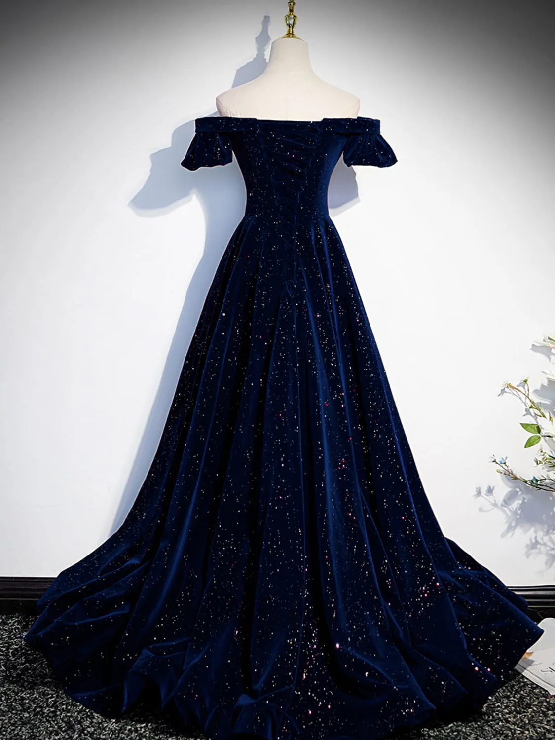 A-Line Off Shoulder Velvet Dark Blue Long Prom Dress, Dark Blue Long Formal Dress