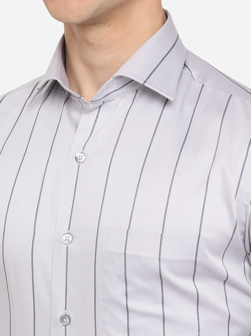 Ash Grey & Blue Striped Regular Fit Formal Shirt | JadeBlue