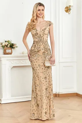 Beading Golden Sheath Formal Dress with V-neck