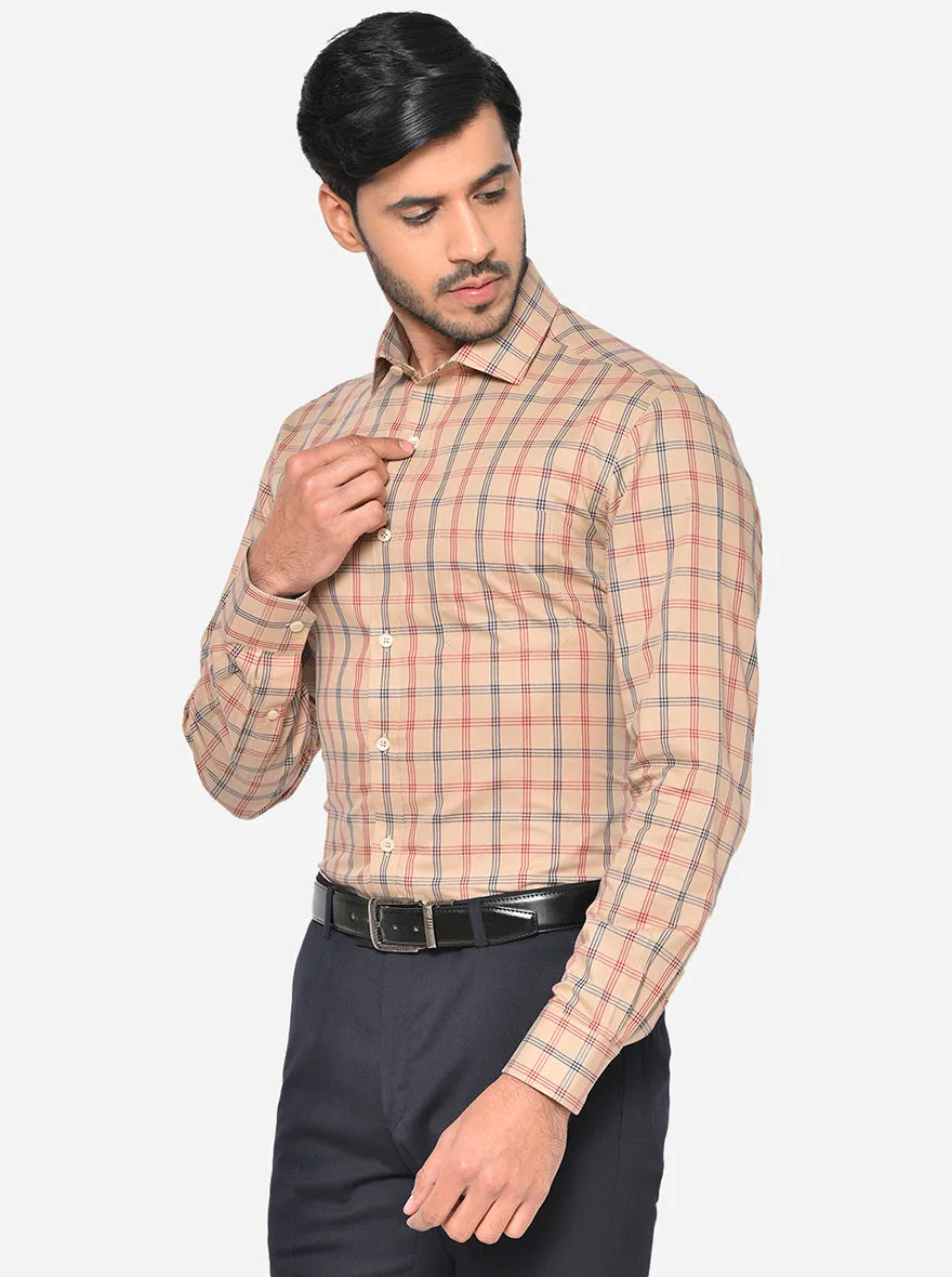 Beige & Red Checked Slim Fit Formal Shirt | JadeBlue