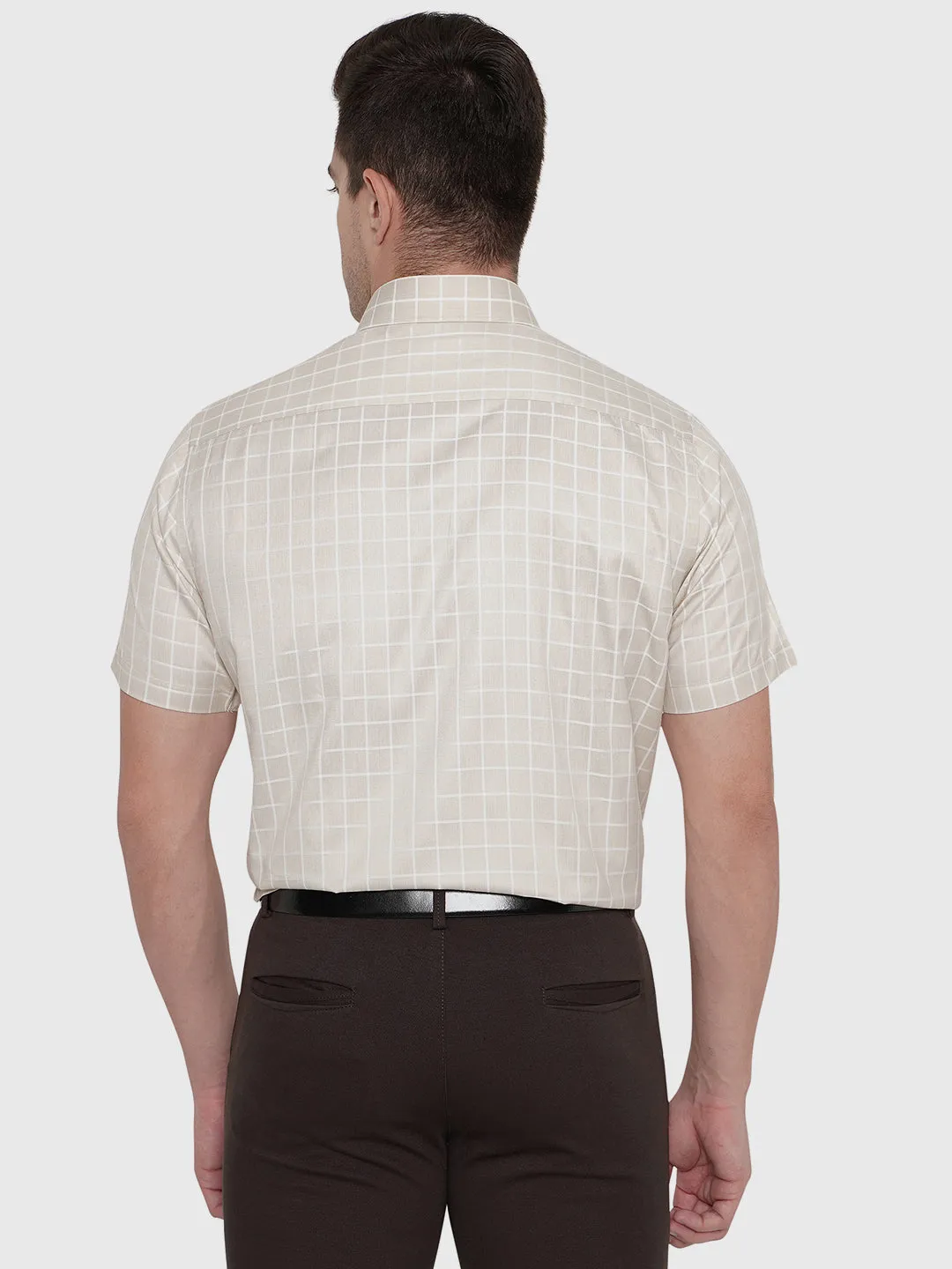 Beige Checked Slim Fit Formal Shirt | Greenfibre