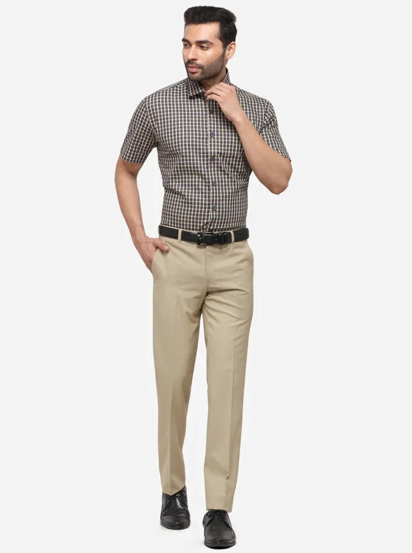 Beige Slim Fit Checked Formal Trouser | Greenfibre