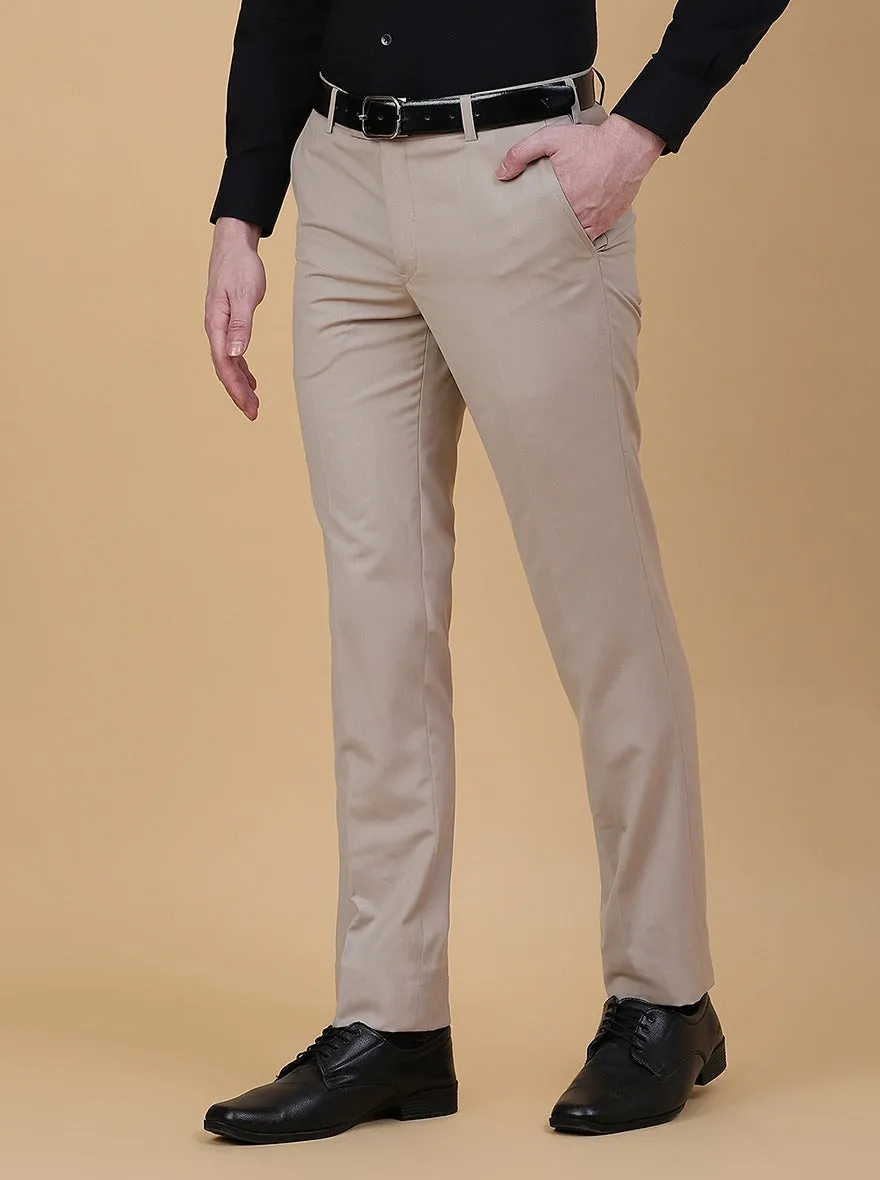 Beige Solid Slim Fit Formal Trouser | Metal