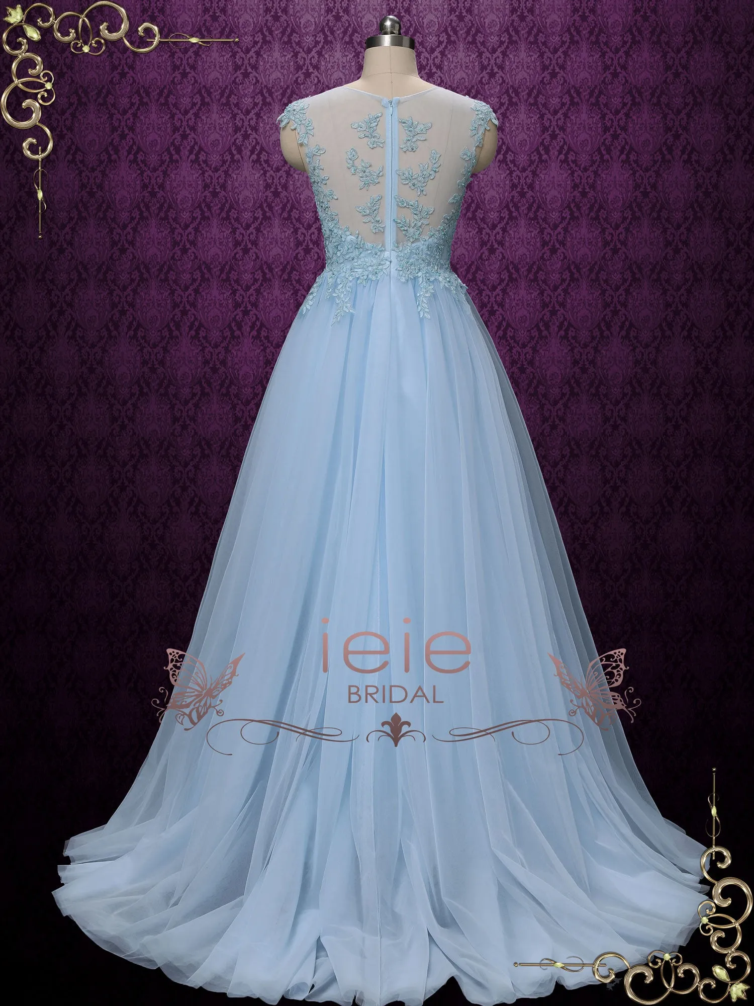 Blue Lace Wedding Formal Dress with Illusion Lack Back | KAY