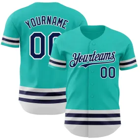 Custom Aqua Navy-White Line Authentic Baseball Jersey