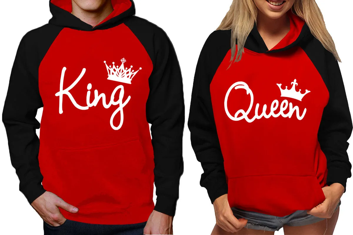 King Queen Couple Raglan Hoodies, Black Red Contast Hoodies